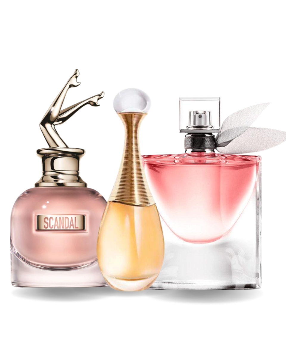 Combo 3 perfumes Jean Paul Gaultier SCANDAL, Dior J'ADORE e Lancôme LA VIE EST BELLE 100ml